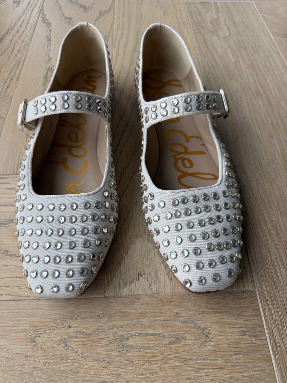Sam Edelman Ivory Studded Mary Jane Flats with Rhinestones